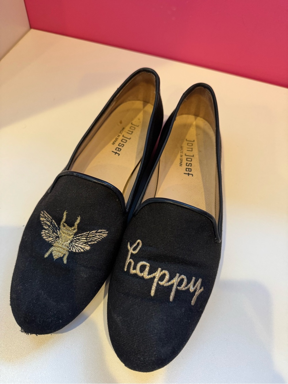 Jon Josef Black Embroidered 'Happy' Canvas Loafers